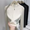 Women's Trendy Black Double Zipper Half-High Collar Fleece Base Layer Top for Autumn/Winter