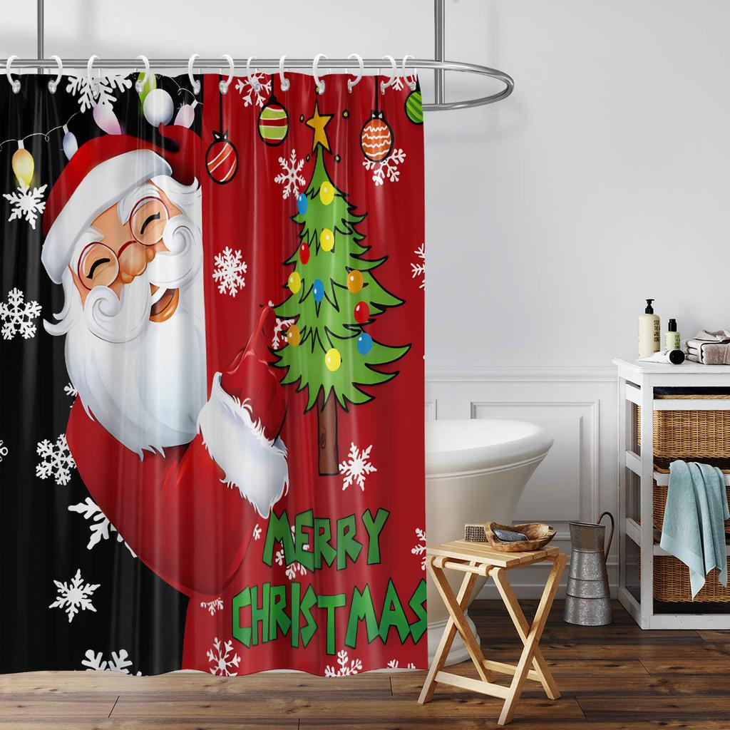 1Pc Santa Claus Holiday Print Waterproof Shower Curtain Bathtub Partition Curtain With 12 Hooks Privacy Protection Easy Install
