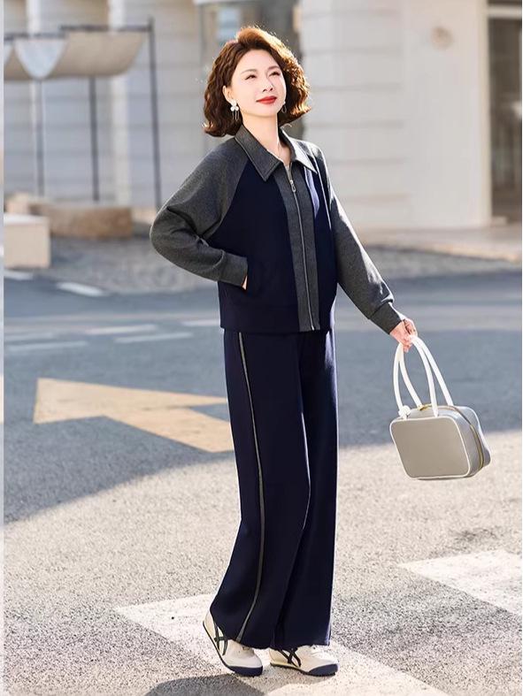Chic Two-Piece Casual Cardigan and Straight-Leg Pants Set for Stylish Middle-Aged Moms