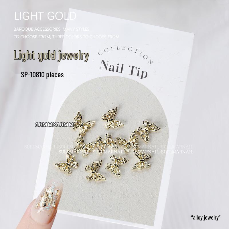 Golden Butterfly 3D Nail Art Set - 10 Pieces of Light Gold Ribbon Bow Decorations