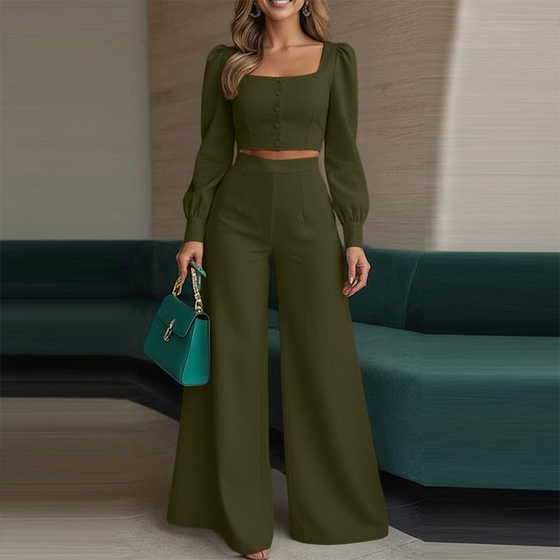 

ZANZEA Women Long Sleeve Cropped Tops and Wide Leg Pants Casual Two Piece Suit Sets 2XL армія зелений колір