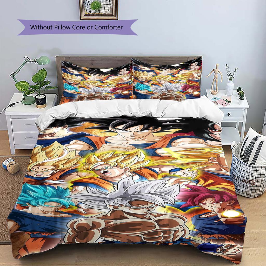 Son Goku Pattern Bedding,Quilt Set Quilt Cover Pillowcase Home Birthday Gift (1 * Duvet Cover + 2 * Pillowcase, Without Core)