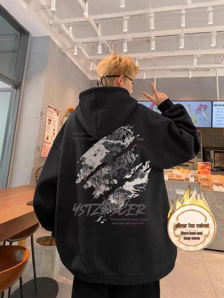Men's Retro Graffiti Fleece Hoodie - Autumn/Winter Trendy Casual Loose Fit
