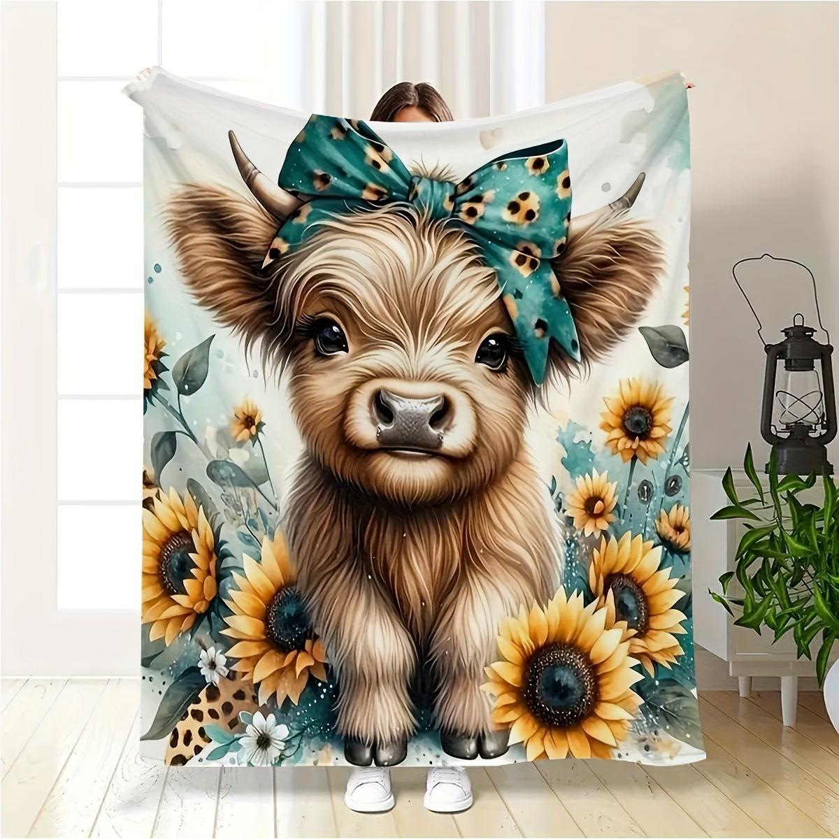 Cow Print Fleece Blanket - Highland Cow with Sunflowers, Soft Cozy Throw for Home/Travel, Gift for Kids/Women, Machine Washable 130X150cm