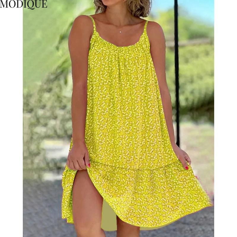 MODIQUE 2025 Summer Plus Size New Women's Loose Casual Hot Floral Halter Long Dress Ladies Folk Multiple Colors O-Neck Dress