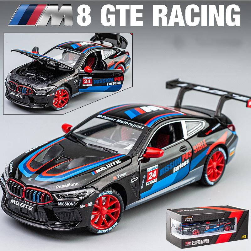 1/24 Scale M8 GTE Racing Diecast automudeli mänguasi, tagasitõmmatav mänguasi koos heli ja valgusega lastele Väikelapse poistele Tüdrukutele Kingikogu