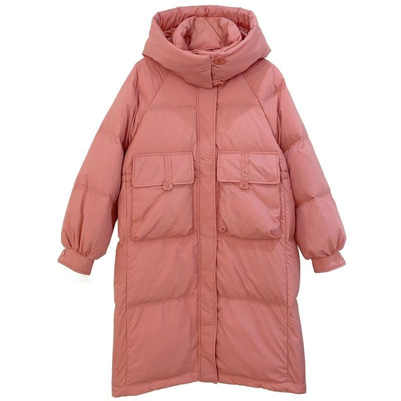 Down jacket women's 2024 new long over-knee thickened large pockets hooded loose casual trendy coat