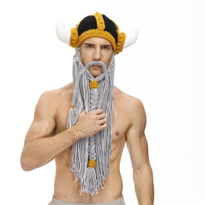 Parent-Child Viking Horn Beanie Hat With Mustache Warm Knit Cap Kids Adults Winter Festival Party Costume