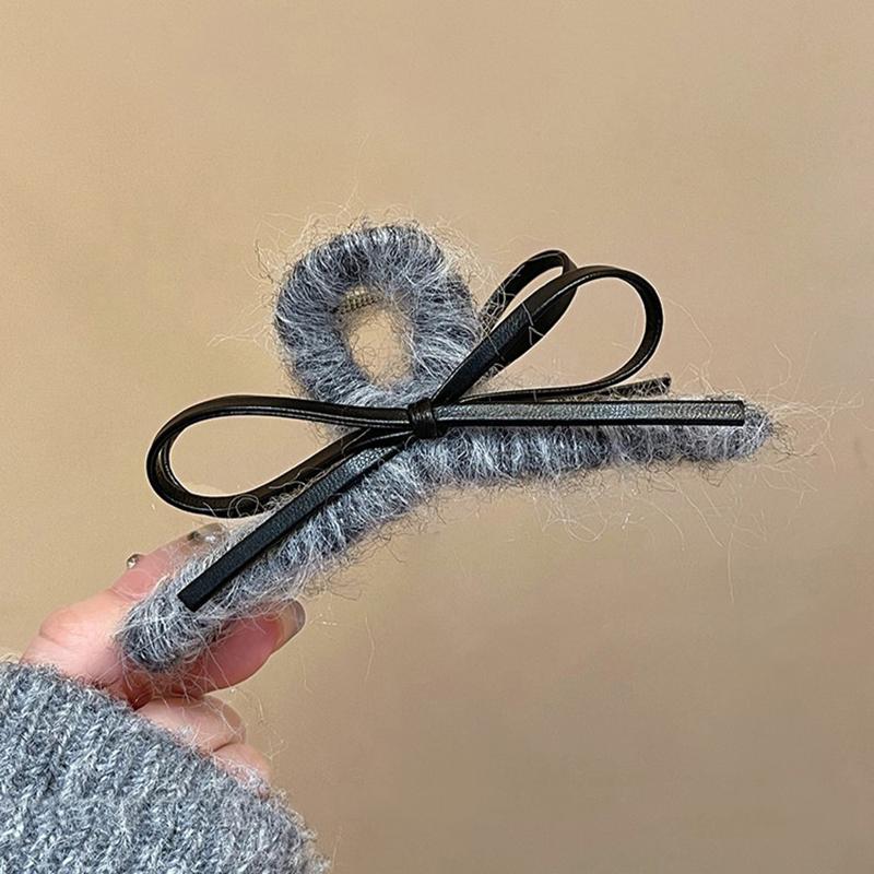 Plush Leather Bow Large Hair Claw Autumn/winter Furry Headband Womans Elegant Hair Pins Shark Clips Female Fashion Barrettes