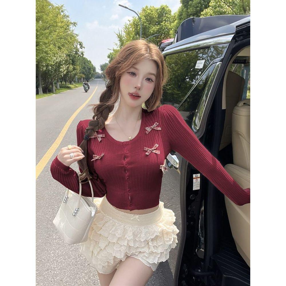 Women's Casual College-Style Bow Knit Cardigan - Small, Round Neck, Autumn/Winter