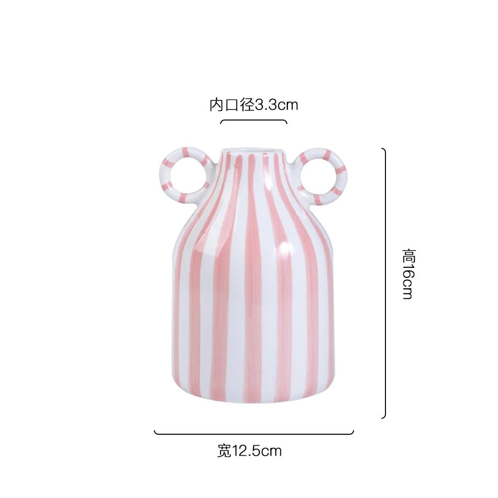 Geometric Striped Ceramic Vase Double-eared Ceramic Pot Shape Flower Vase Flower Arrangement Accessories Home Decoration