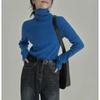Women's Blue Turtleneck Knit Sweater Ribbed Texture Warm Comfortable Casual Fashion Slim Fit Long Sleeve Sweater Top