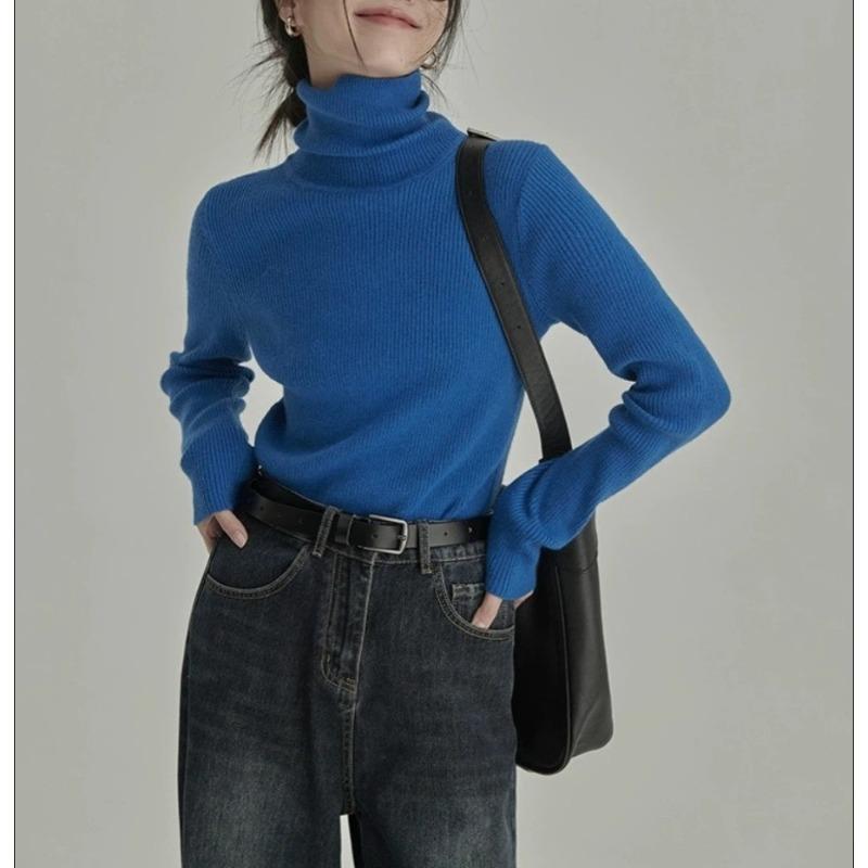 Women's Blue Turtleneck Knit Sweater Ribbed Texture Warm Comfortable Casual Fashion Slim Fit Long Sleeve Sweater Top