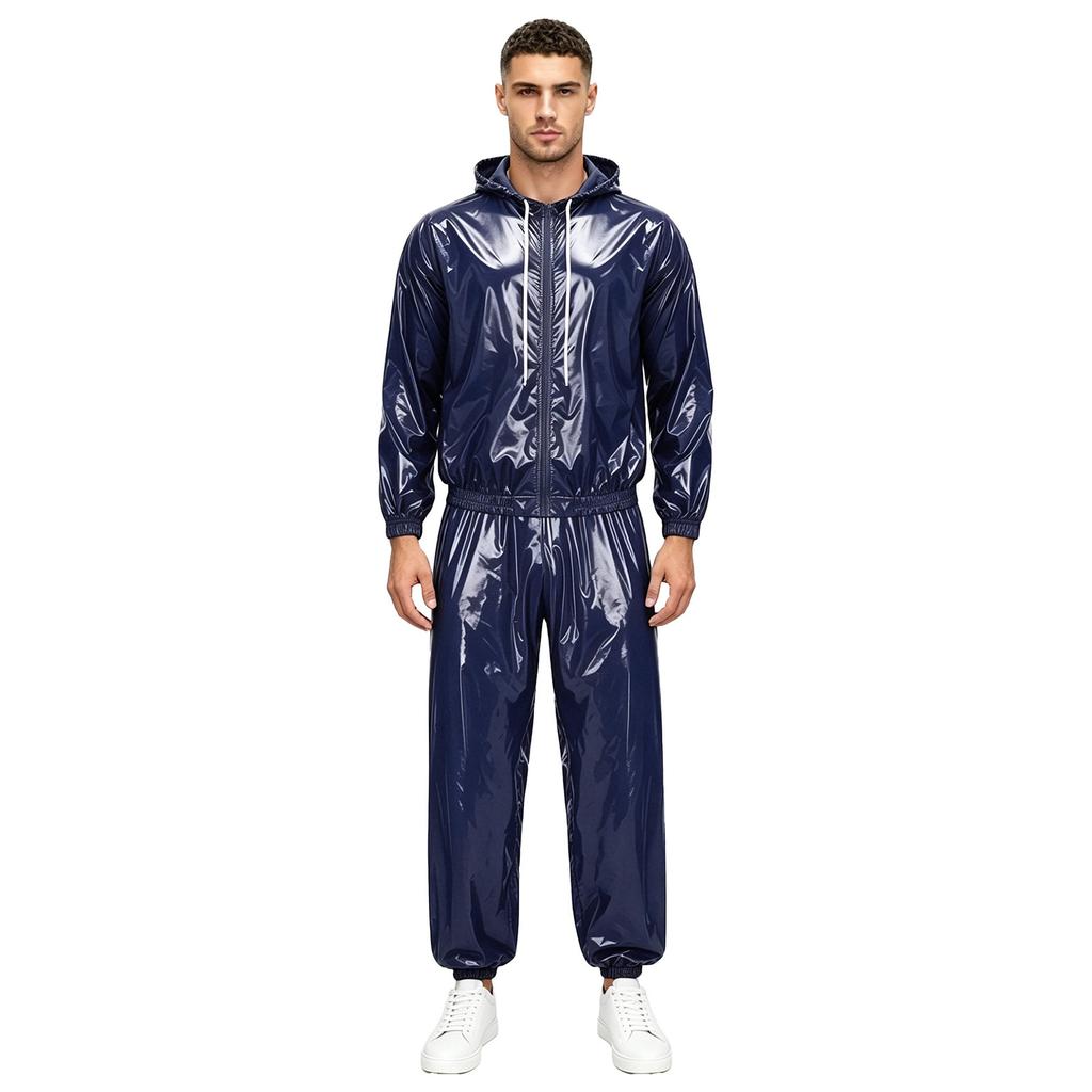 Men’s Outdoor Waterproof Suit Hooded Windbreaker Jacket Front Zipper and Sweatpants for Trail Fishing Workout Exercise