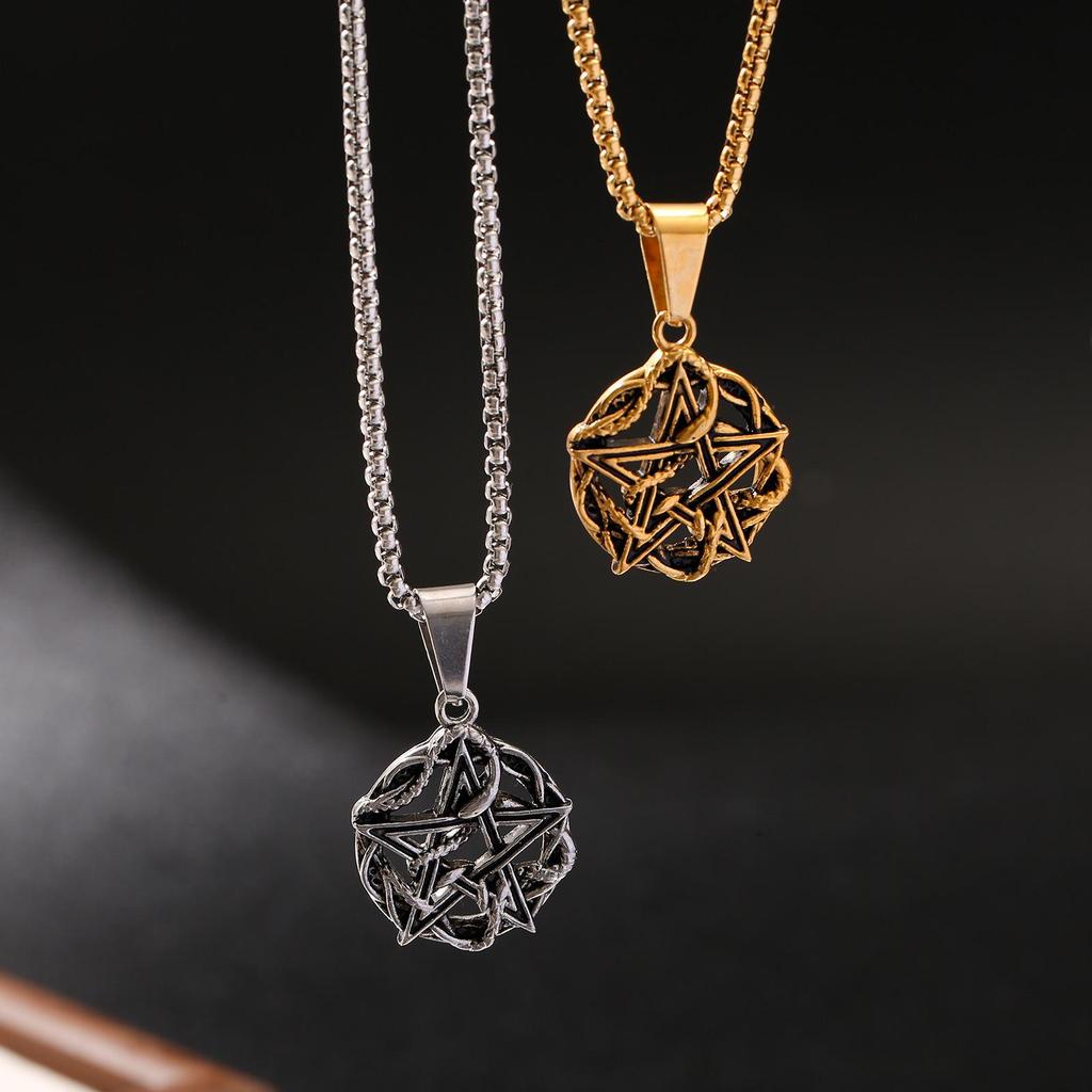 Gold & Silver Vine-Wrapped Inverted Pentagram Square Bead Choker Necklace - 304 Stainless Steel