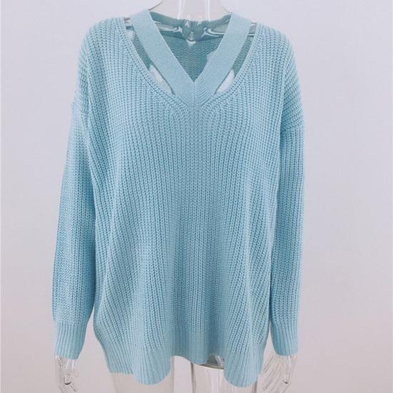 Dámský svetr s výřezy volný ležérní jednobarevný s výstřihem do V podzimní svetr pro každodenní nošení