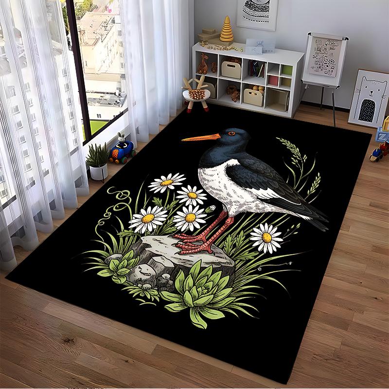 Bird and Floral Print Carpet with Black Background and Daisies Design Suitable for use as an anti-slip for living room bedroom sofas