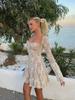 Women Fashion Square Neck Bodycon Dresses Elegant Mesh Lace Strapless Long Sleeve Hollow Out Mini Dress New Lady Party Wear