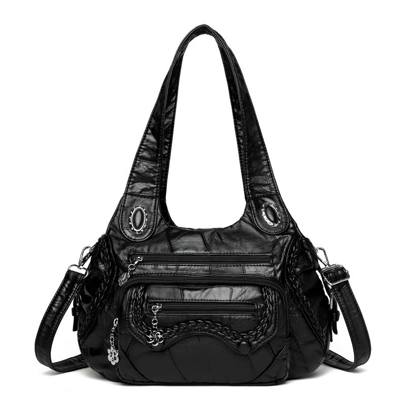 Women's Vintage Leather Shoulder Bag Multi-Zipper Pocket Crossbody Bag with Braided Detail Casual Handbag for  Use for Daily Life and Weekend Outings