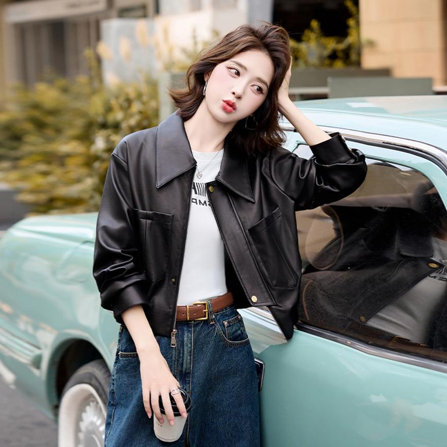 Khaki Leather Jacket Women's Spring and Autumn New Small Short Motorcycle Jacket Top