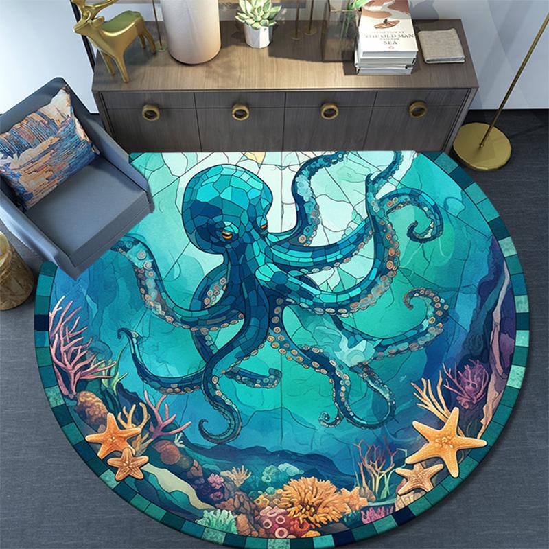 Octopus and Starfish Round Area Rug,Carpet Rug for Living Room Bedroom Sofa Playroom Decor,Non-slip Floor Mat