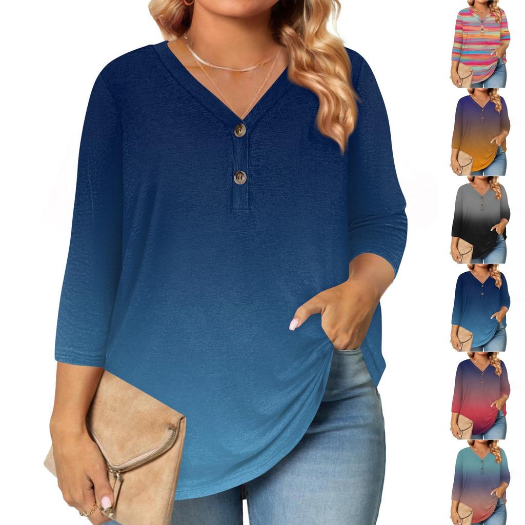 Womens 3/4 Length Sleeve Tops Plus Size Button Down V Neck Shirts Blouses Casual Printing Loose