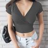 Summer Cross V-Neck Short Sleeve Crop Tops Women's Solid Color Sexy Slim Fit T-Shirt Outcrop Casual Simple Streetwear Women's Casual Top Clothing