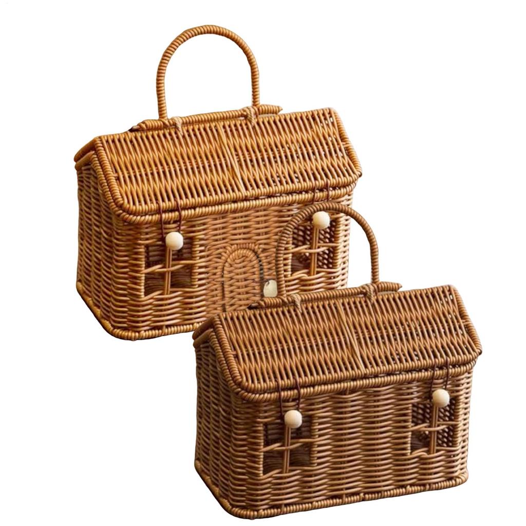 NEW Rattan Basket House Shape Portable Organizer Rattan Baskets With Lid For Organizing For Toy Toiletries Snack Fabric Camping