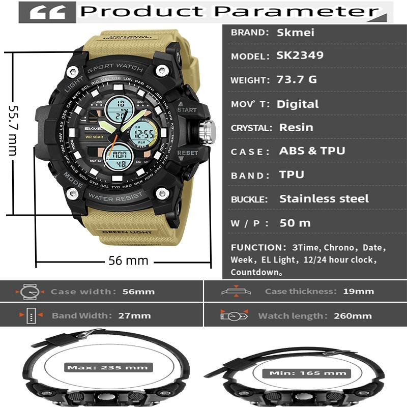 Skmei Fashion Big Size Dial Men Sports Watches Three Time Zone Analog Digital Display LED Waterproof Alarm Clock Male Stop Watch
