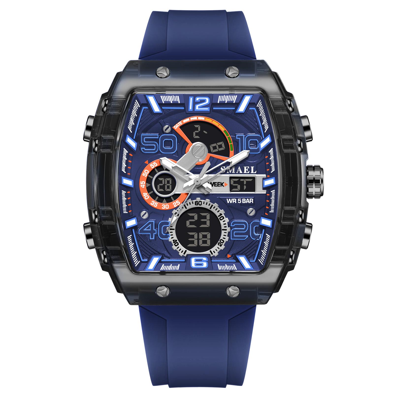 

Лучшие новые электронные часы Fashion Square Dual Display Водонепроницаемые светящиеся многоцветные для мужчин