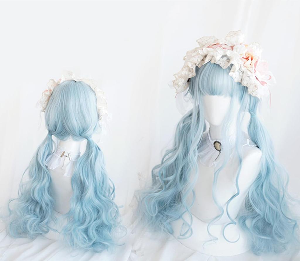 Sizuuenn Lolita Ladies Full Wig Curly Long Hair Twintails Plunging Bangs Light Blue Blue Wig of the Small Face Fashion Heat Resistant Wig High