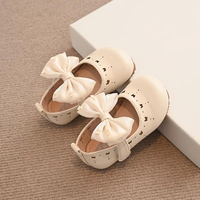 

Girls Leather Shoes Performance Black Matte Kids Dance Shoes with Hollowed Butterfly 2025 New Fashion Children Flats Big Bow 23 бежевый