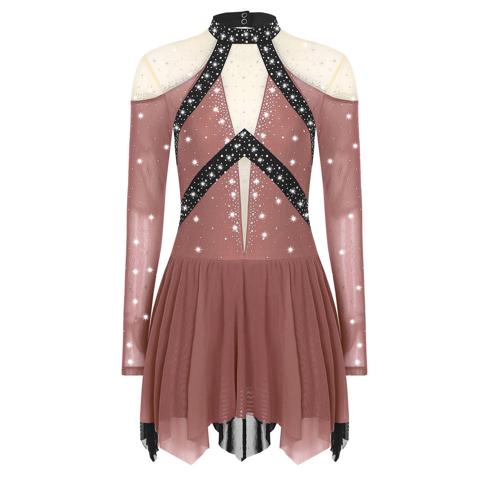 

Жіночі Ліричні Танцювальні Сукні Кольоровий Блок Прозора Сітка Патчворк Блискучі Стрази Асиметричний Низ Виконавська Сукня S коричневий