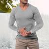 Men's Autumn Stand Collar V-Neck Long Sleeve T-Shirt, Vertical Striped Stretch Pullover Top for Sports Fitness Casual Daily Wear