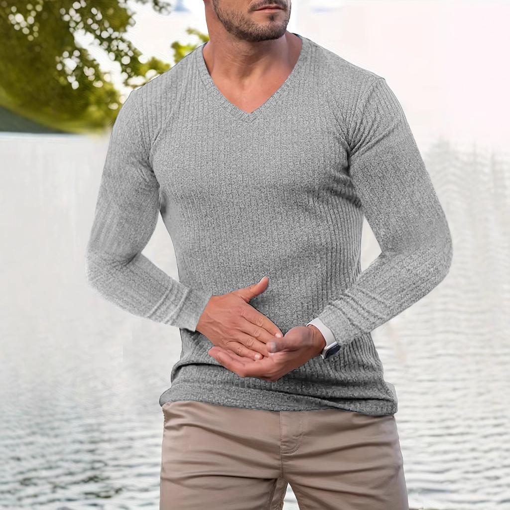 Men's Autumn Stand Collar V-Neck Long Sleeve T-Shirt, Vertical Striped Stretch Pullover Top for Sports Fitness Casual Daily Wear