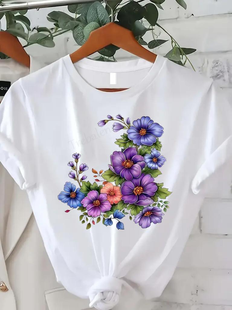 Women's Flower Print T-shirt Comfortable Summer Vibrant Purple and Blue Flowers Short Sleeve Crew Neck Fashion Casual Top Daily