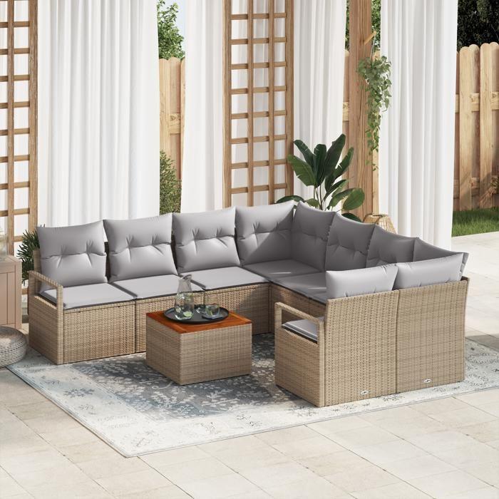 Ensemble de canapé de jardin 9 pièces avec coussins beige en rotin synthétique acacia, Canapé de jardin 2 places 3356355