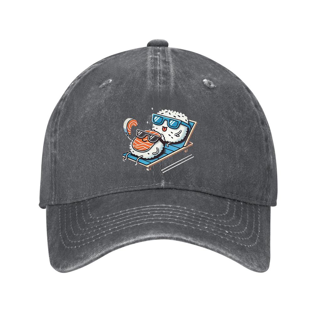 Sushi Couple Relaxing On Beach Chair Graphic Print Baseball Cap Cotton Adjustable Casual For Adults