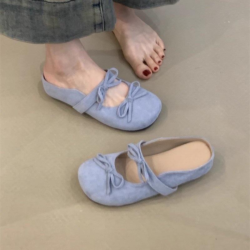 Gentle Bag Head Slippers New Temperament Elegant Bow Round Head Inner Height Lazy Half Drag