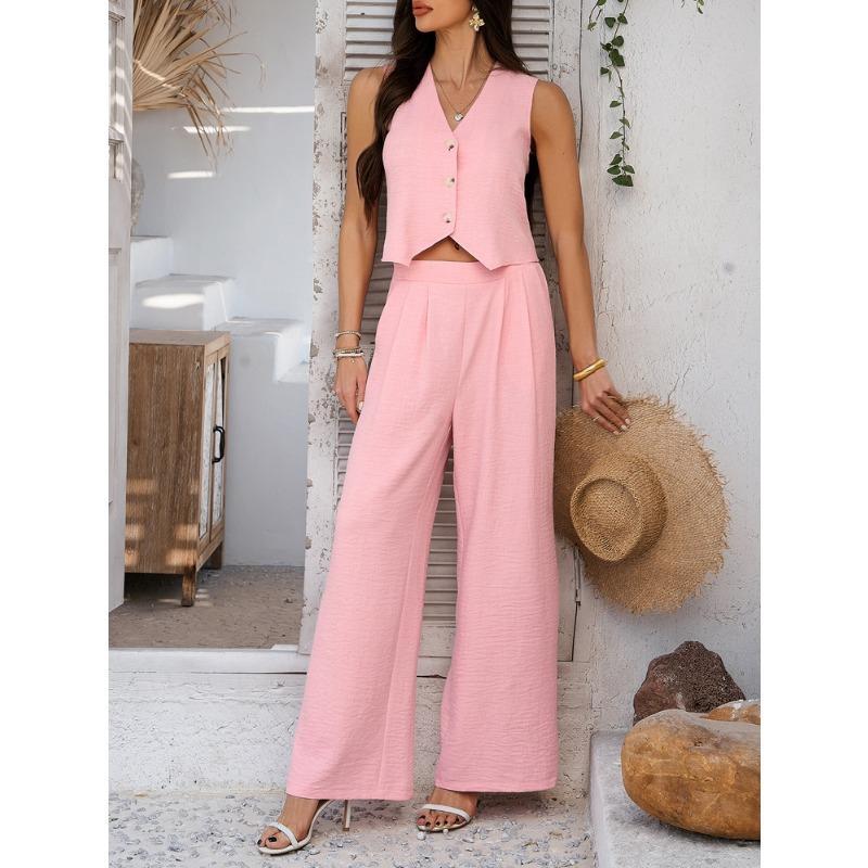 Casual Vacation Solid Color Vest Wide-leg Trousers Set