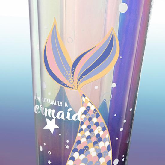 420ml Water Cup with Straw Double Wall Heat Insulated BPA Free Leak-proof Drinkware Plastic Mermaid Pattern Sippy Cup for School