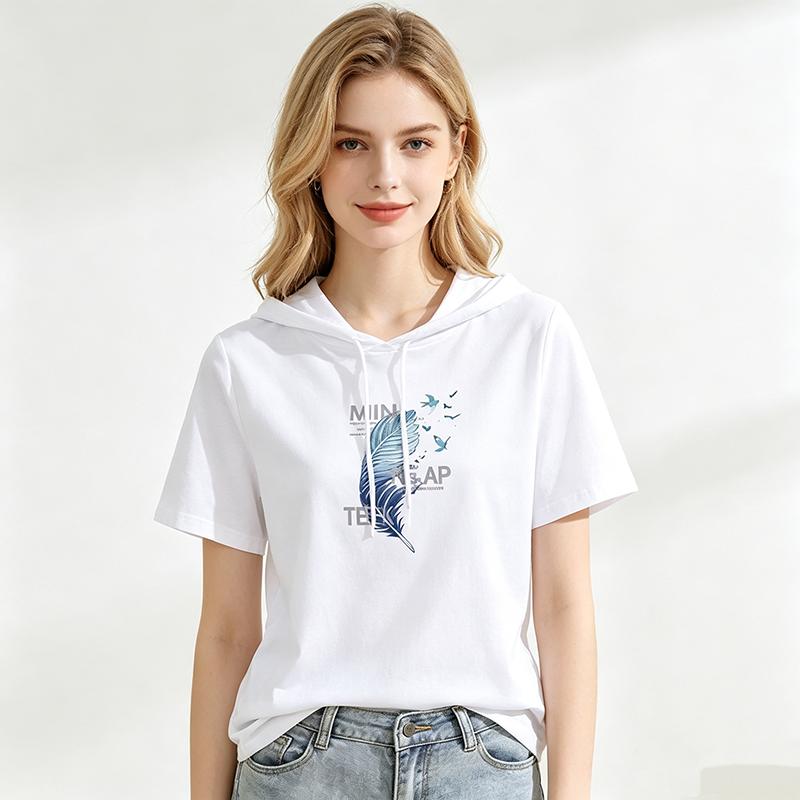 Women Hooded Short Sleeve T-Shirt Women Butterfly Print Drawstring Loose Casual Hoodie Top
