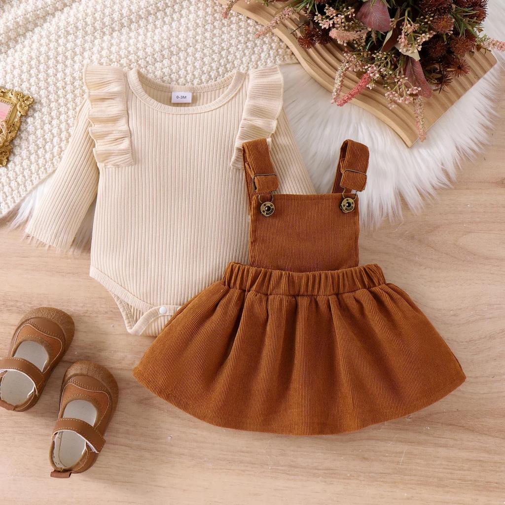 2PCS Autumn New Style For 0-1 Year Old Girls, Comfortable Simple And Fashionable Long-Sleeved Suit + Coffee Strap Skirt