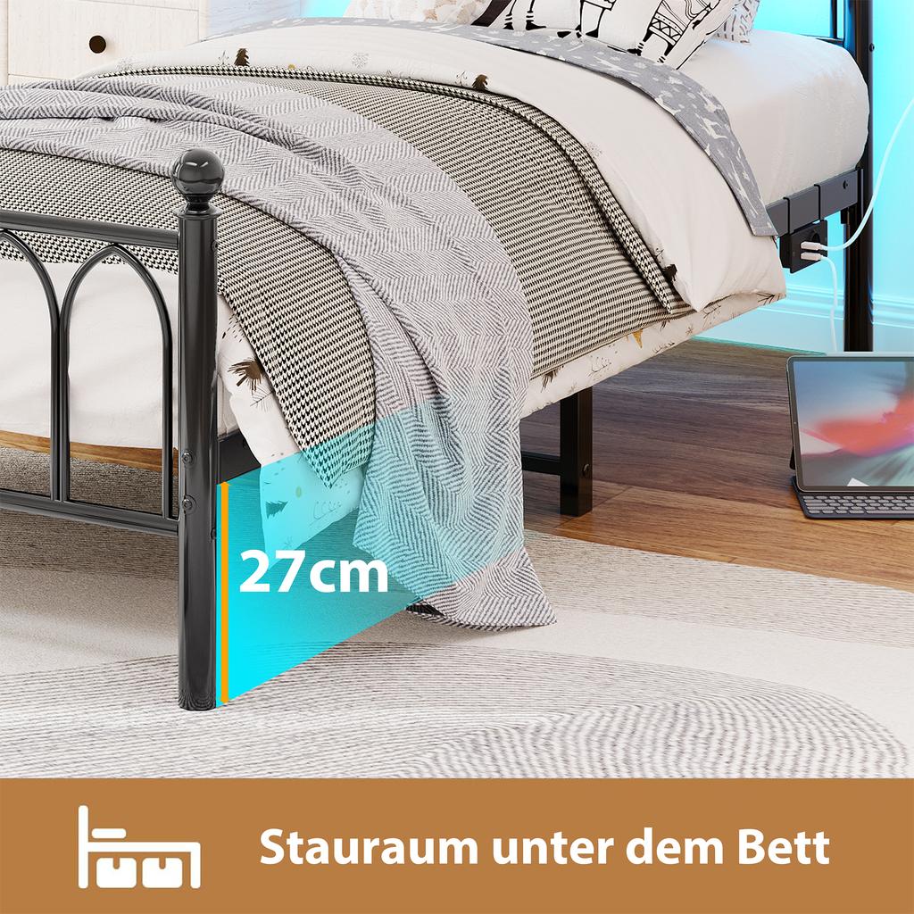 90x200cm Metal Bed Frame with Headboard and Footboard, USB Charging, LED, Steel Slat Support, Under-Bed Storage, No Box Spring Required, Black