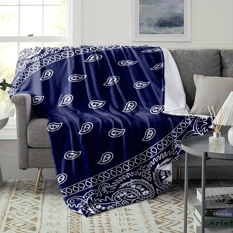 Paisley Geometric Pattern Bohemian Style Art Blanket - Blue & White Soft All-Season Multi-Purpose Throw for Couch, Nap & Travel