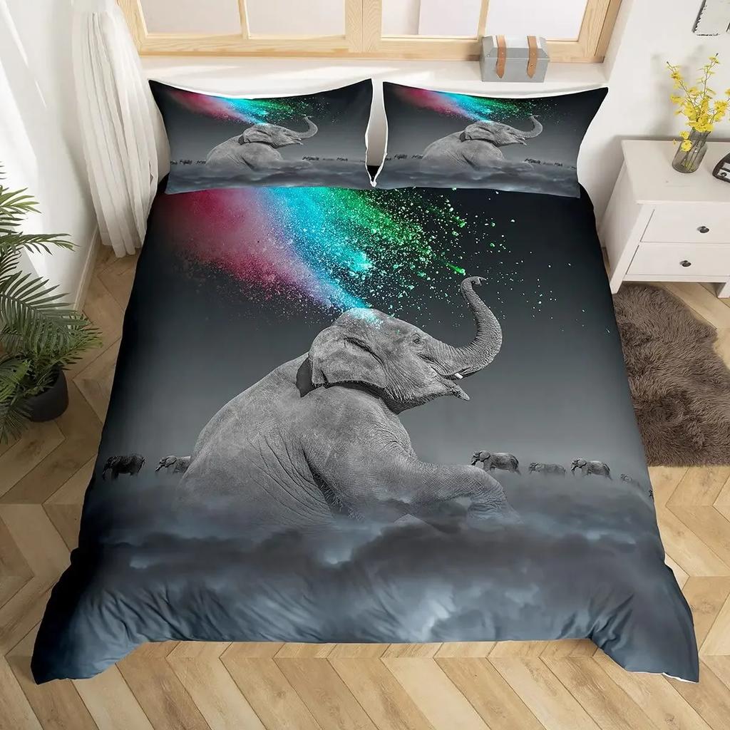 Comforter Cute Elephant Green Grass Bohemian Elephant Bedding Set Microfiber Safari Animals Comforter Twin King Size