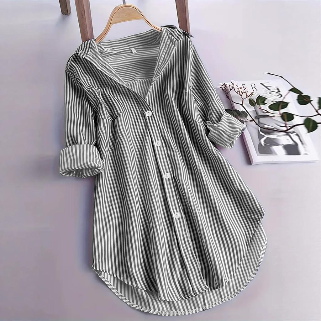 Camicetta da Donna in Poliestere a Righe Verticali Manica Lunga Vestibilità Rilassata Lunghezza Media per Ufficio Stile Casual