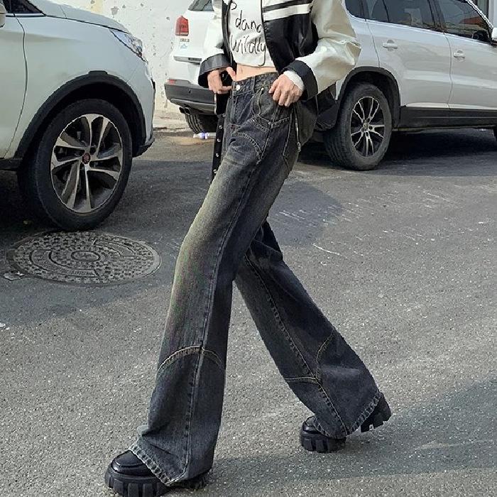 Cement Grey Retro Wide-Leg Micro Flare High-Waist Jeans for Women - Trendy Slimming Loose Fit, Spring/Autumn