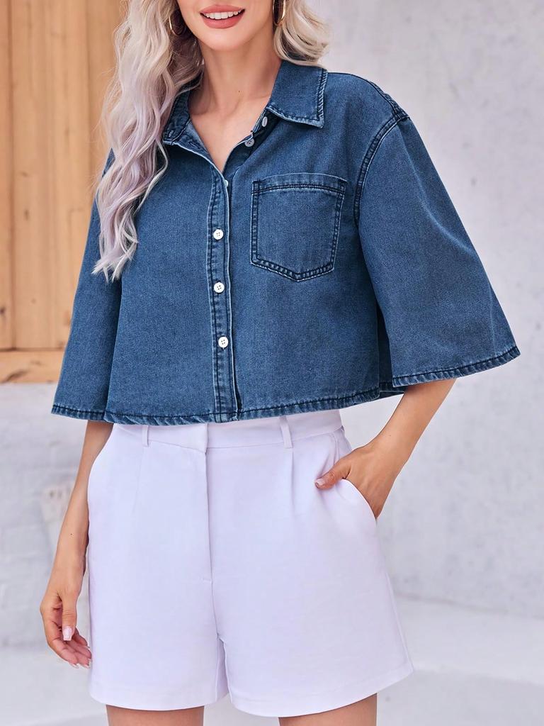 Womens Cropped Denim Shirt Jacket Half Sleeve Button Down Jean Jacket