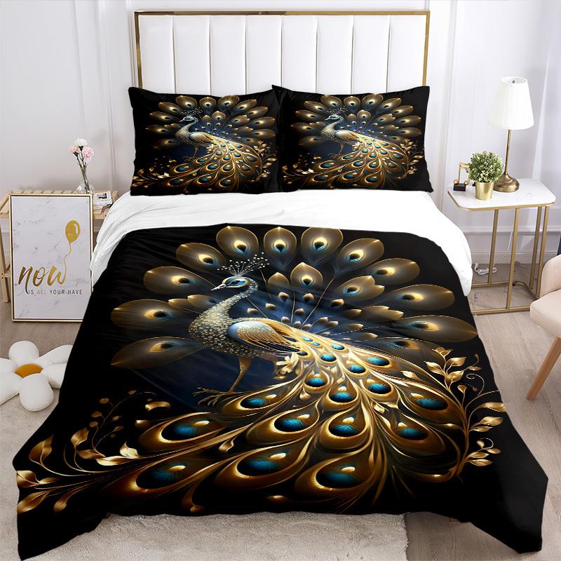 3pcs Golden Peacock Feather Duvet Cover Set - Machine Washable, Includes 1 Cover and 2 Pillowcases, No Core Included Yy251013029